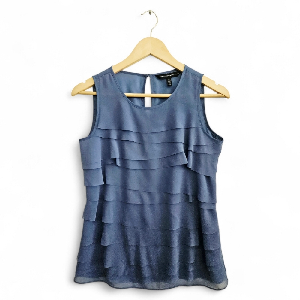 White House Black Market Blue Tiered Ruffle Sleeveless Blouse Shell‎ Top Size 0